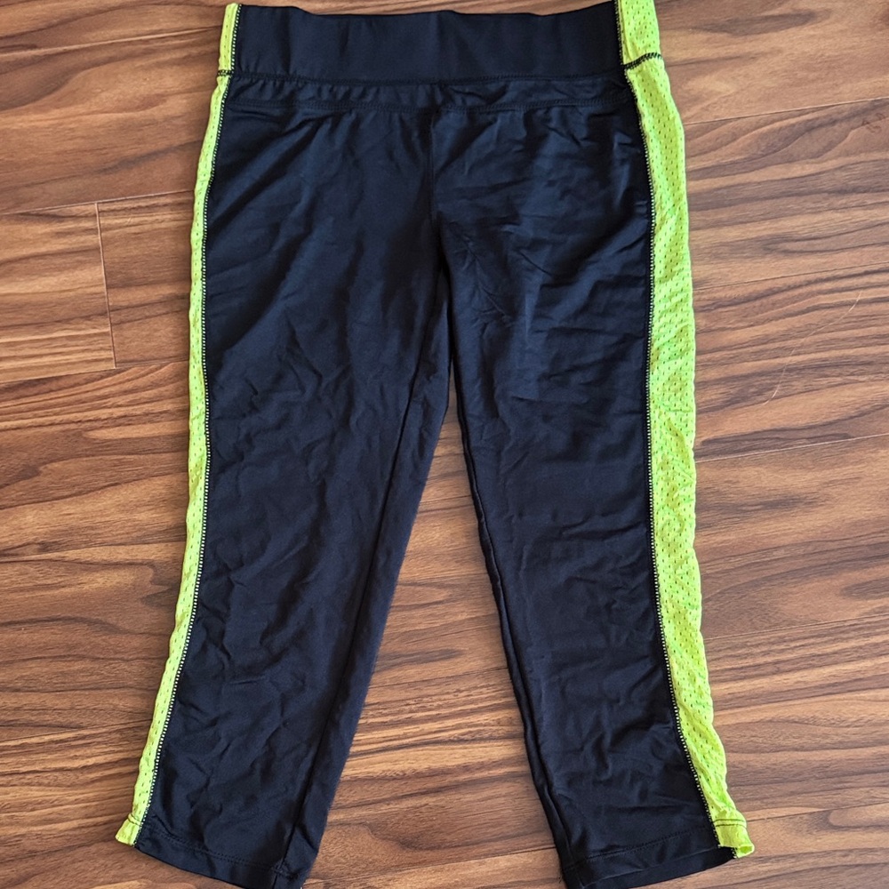 Jenni Black Capri Leggings with Neon Yellow Side Panels